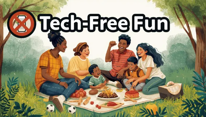 Tech Free Family Picnic Tech-free family time picnic with diverse family playing games.