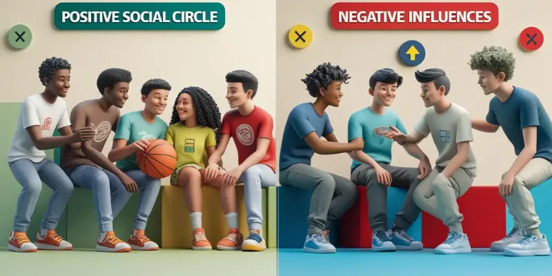 Teen Social Circles Positive Negative Influences Split image showing two contrasting teen social circles: a positive group engaging in healthy activities on the left and a negative group involved in risky behavior on the right.