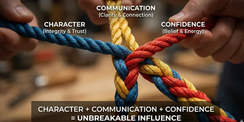 A visual model illustrating the "3-C Braid," showing hands intertwining three colored ropes labeled Character, Communication, and Confidence to form "Unbreakable Influence.