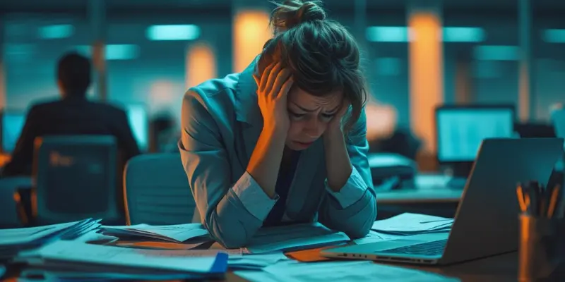 Time Blocking Burnout 2025 Productivity Stress Stressed woman at desk with laptop and papers, illustrating burnout from over-scheduling in time blocking, 2025 productivity concern.