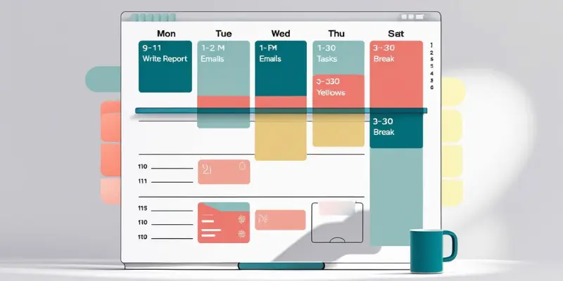 Time Blocking Calendar 2025 Productivity Optimized Modern minimalist 2025 time-blocking calendar with colorful blocks for tasks like Write Report, Emails, and Breaks, featuring icons and a coffee mug, designed for productivity.