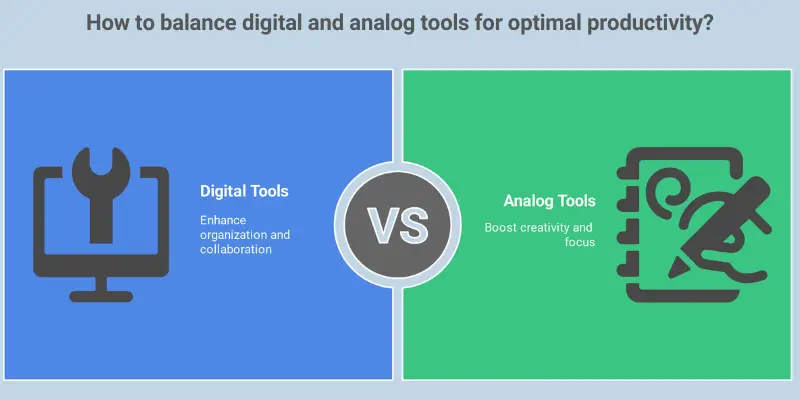 Time Management Hacks Digital Vs Analog Balance 2025 Infographic comparing digital vs. analog tools for maximum productivity