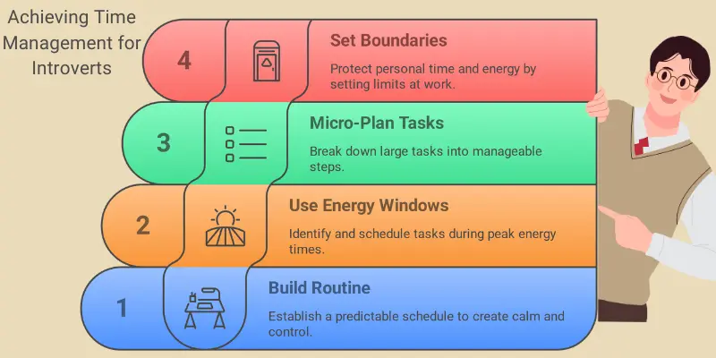 Infographic showing time management strategies for introverts: routine building, energy windows, micro-planning, and boundaries.