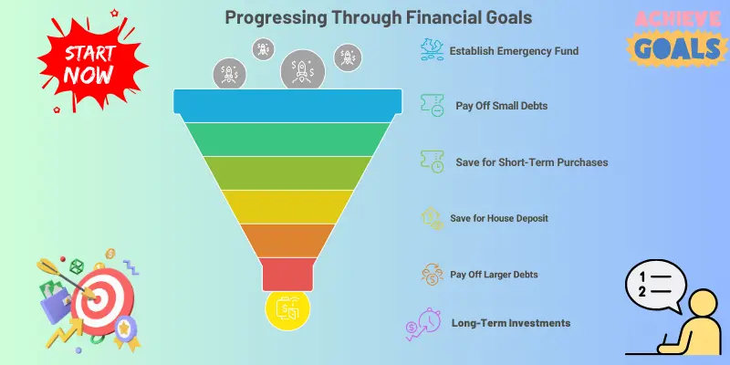 Visual breakdown of financial goals: short-term, mid-term, and long-term objectives like emergency funds, debt payoff, and retirement savings.