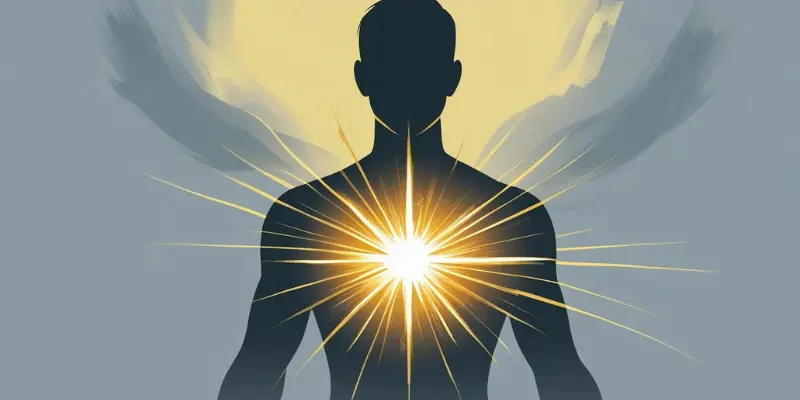 Unleash Inner Potential Radiant Confidence Silhouette of a person with a bright, radiating light from their chest, symbolizing inner confidence and potential.