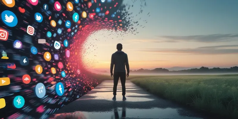 Unplug Conquer Fomo Digital Detox Journey Person walking away from swirling social media icons toward serene field, symbolizing unplugging to conquer FOMO during digital detox.