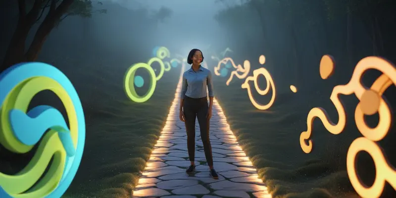 person on lit path surrounded by glowing symbols of motivation and clarity.