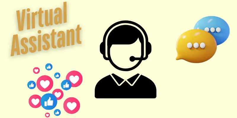 Illustration representing a virtual assistant with a headset icon, chat bubbles, social media icons, and the text 'Virtual Assistant,' symbolizing remote support and online communication tasks.