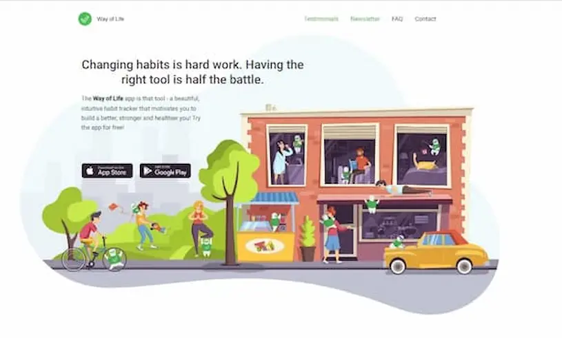 Way Of Life App Healthy Habits Illustration Way of Life app promotional illustration showing people engaged in healthy daily habits.
