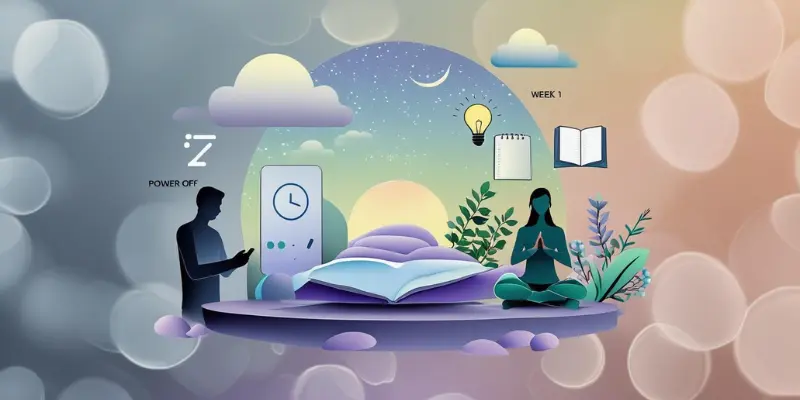 Illustration of Week 1 burnout recovery reset with digital detox, sleep, and meditation, featuring power off, bed, and journal icons.