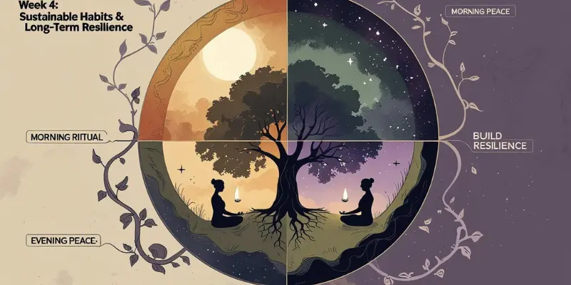 "Illustration of Week 4 burnout recovery with self-care morning and evening routines, featuring yoga, meditation, and resilience tree.