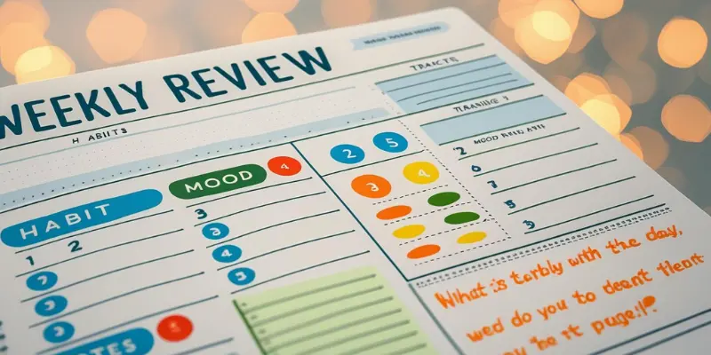 Weekly Review Habit Tracker Journal Patterns A weekly review page from a habit tracker journal, featuring mood trackers and notes for pattern analysis.
