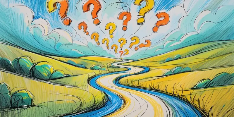 What If Mindset Winding Road Illustration Whimsical illustration of a winding road through vibrant hills with floating question marks, symbolizing the ‘What If?’ mindset for a curiosity-driven life.