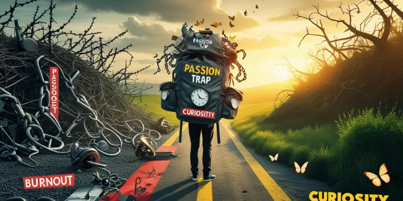 Why Curiosity Trumps Passion Cover 2025 Illustration of a person at a crossroads, burdened by a 'Passion Trap' backpack with chains and clocks, facing a dark thorny path versus a bright curiosity path with butterflies, symbolizing a kinder life.