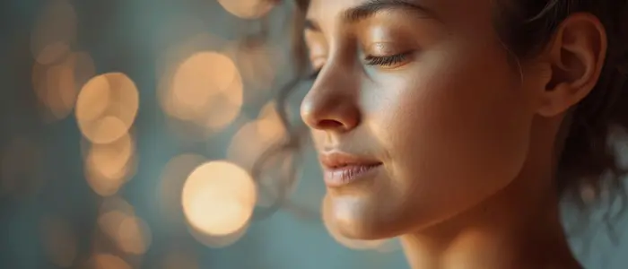 Woman Glowing Skin Peaceful Bokeh Lights Woman with glowing skin and closed eyes, softly lit with warm bokeh lights in the background.