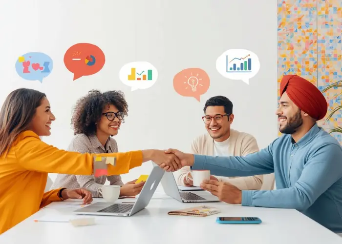 Workplace Rapport Team Collaboration Diversity Productivity Four diverse colleagues sitting at a table in a modern office, smiling and shaking hands, with colorful speech bubbles above their heads representing teamwork, communication, growth, and innovation.