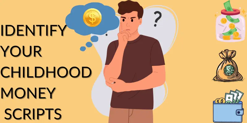 Childhood Financial Relationships And Habits Man thinking about childhood money habits with dollar symbol in a thought bubble. Icons of a savings jar, money bag, and wallet show financial behavior.