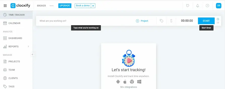 Clockify Time Tracker Clockify time tracking app dashboard screenshot, showing activity input and start timer for habits.