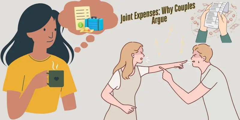 Joint Expenses Why Couples Argue "Illustration of a woman with a coffee cup thinking about joint expenses, while a couple argues over finances. The text 'Joint Expenses: Why Couples Argue' highlights the common money conflict in relationships