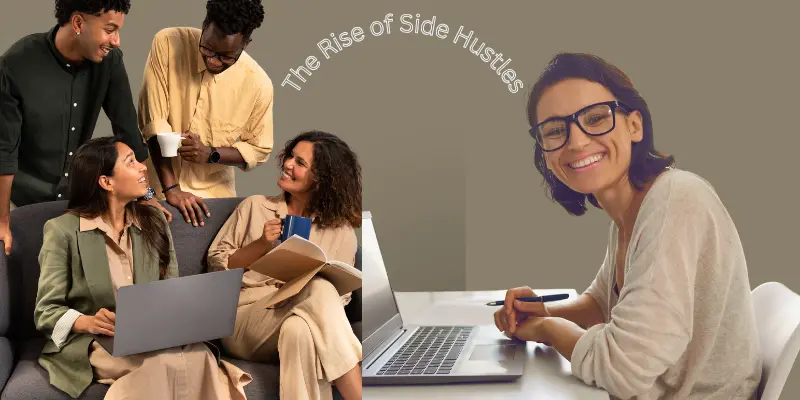 A cheerful introverted woman working on her laptop, beside a group of coworkers chatting, symbolizing the rise of side hustles.