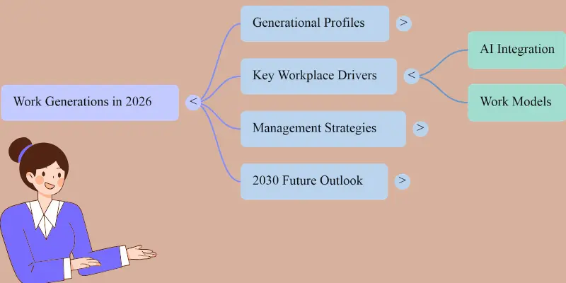 A clean mind map infographic outlining key components of work generations in 2026, including profiles, workplace drivers like AI and work models, management strategies, and future outlook. A professional female avatar gestures to the main topic.
